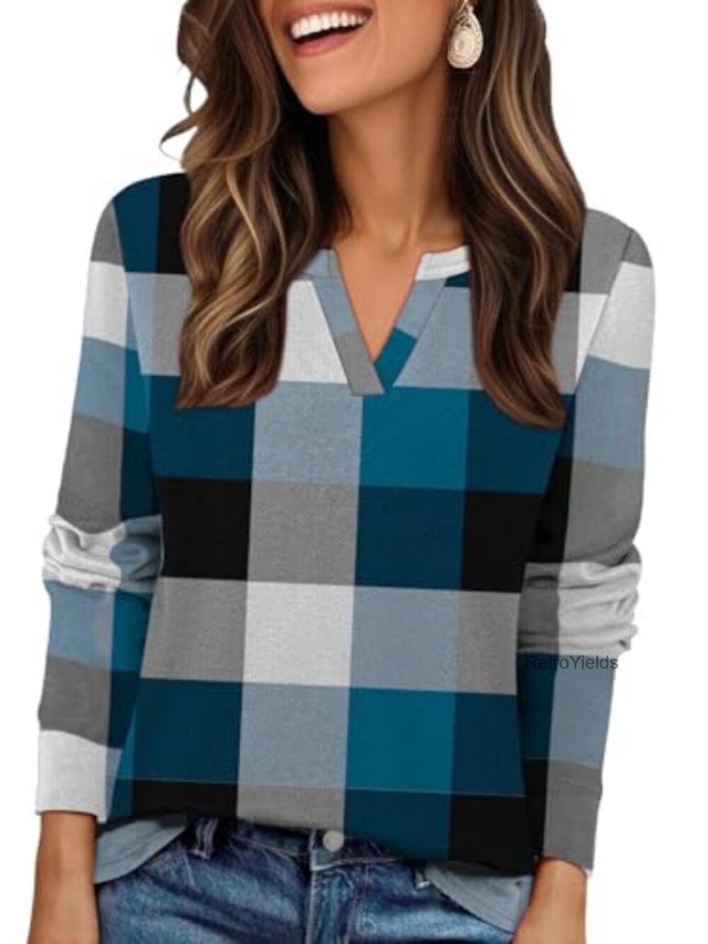 Womens Plaid V Neck Fleece Tunic Top Long Sleeve Fall Pullover